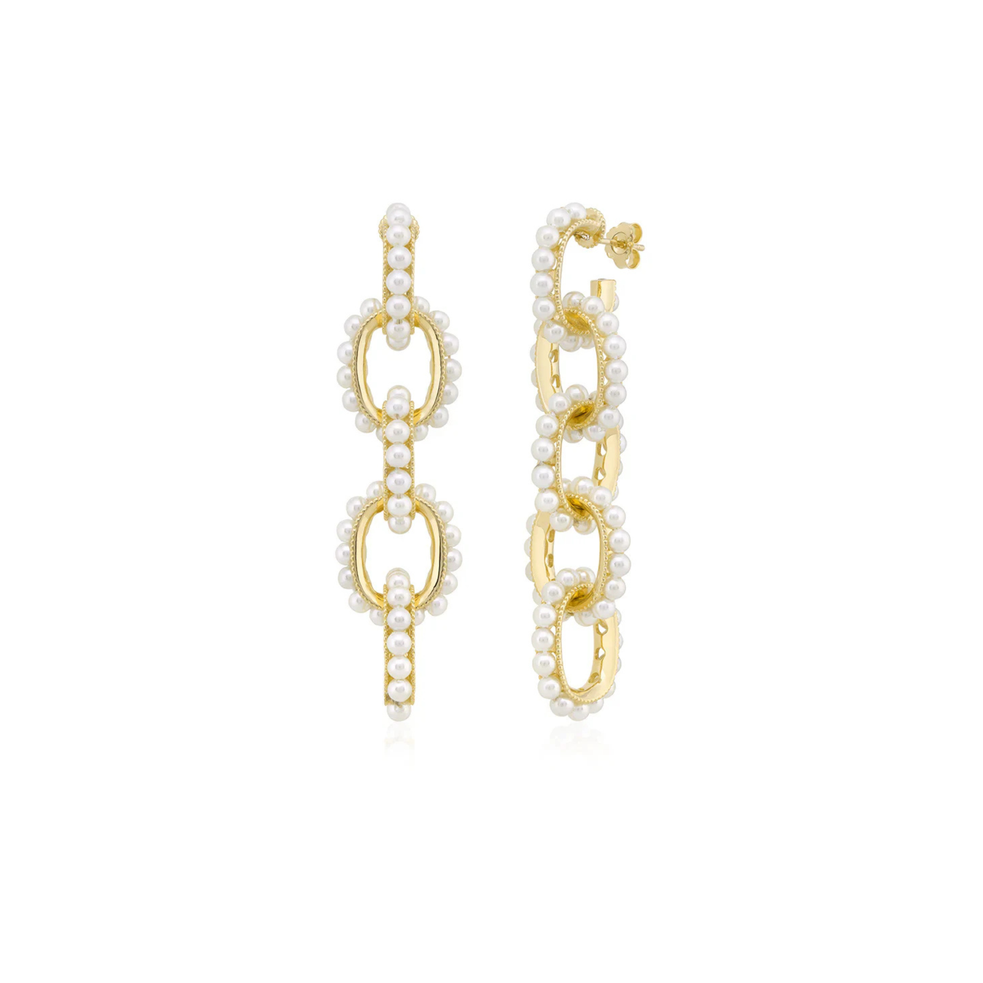Pearl Couture Link Drop Earrings in Yellow Gold